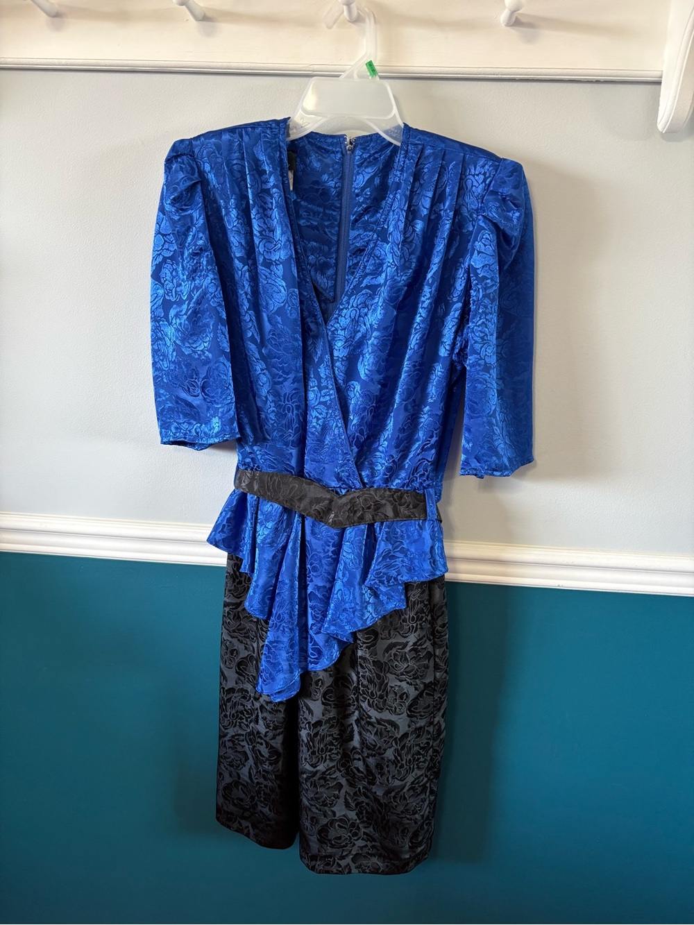 Vintage Royal Blue and Black Satin Draped Prom Dress with Peplum Waist